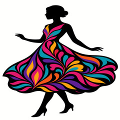 A black silhouette of a woman in an elegant pose, wearing a vibrant, flowing dress illustrated in colourful vector art style on a white background. The dress features dynamic patterns.