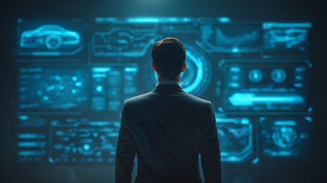 a person looking at a futuristic car interface, symbolizing technological progress