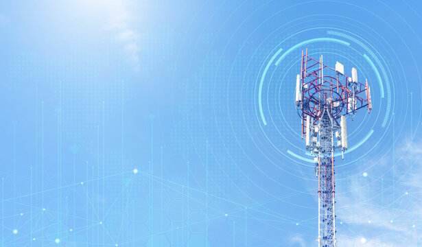 Telecommunication tower against blue sky with digital wireless network and futuristic technology interface for 5G, internet, and global data connection concept. communication network.