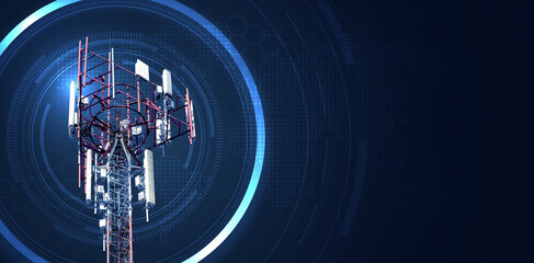 Telecommunication tower against blue sky with digital wireless network and futuristic technology...