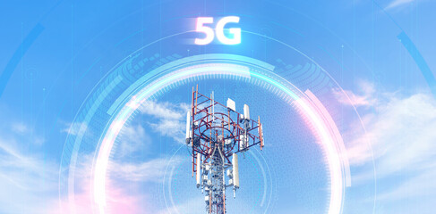 Telecommunication tower against blue sky with digital wireless network and futuristic technology...