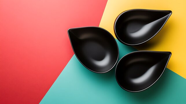 Three black ceramic bowls rest on a vibrant colorful geometric backdrop