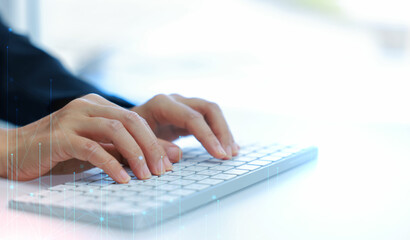Hands typing on a white keyboard with search bar overlay, representing internet browsing, SEO, online research, digital marketing, communication, data input, coding and information search concept.