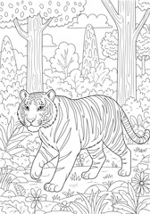 Naklejka premium tiger in the woods. coloring book