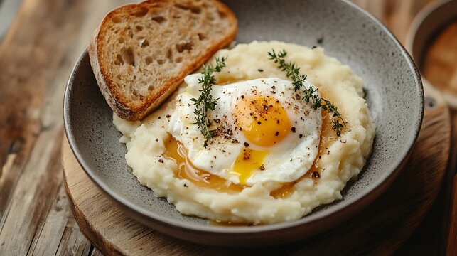 Thick mashed potatoes with poached egg and a slice of bread with thyme
