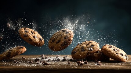 A dynamic shot capturing chocolate chip cookies in mid-air, with a sprinkle of sugar, showcasing the irresistible appeal of homemade baked goods and their ... See More .