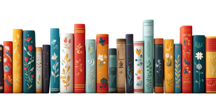 Varied book spines diverse topics and styles, stylized bookshelf, vector illustration style isolated on a Transparent background, PNG file.