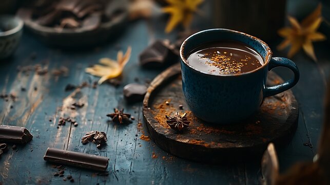 Thick spicy hot chocolate in a cup on a rustic background - Powered by Adobe