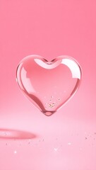 Digital art of a glossy glass heart off-center on a pink gradient. Sparkles float inside; gold flecks shimmer around. Smooth, reflective, and romantic in a soft minimalist style.

