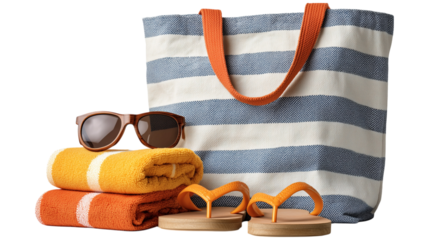 A striped beach bag sits beside folded beach towels, sunglasses, and flip-flops, all ready for a summer day. isolated on transparent background