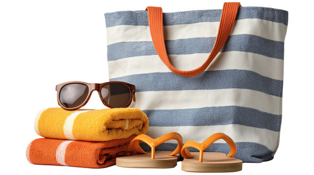 A striped beach bag sits beside folded beach towels, sunglasses, and flip-flops, all ready for a summer day. isolated on transparent background

