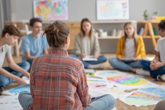 Teenagers engage in a therapy session focused on drawing their emotions. The colorful room provides an inspiring atmosphere as they share their creations and feelings together