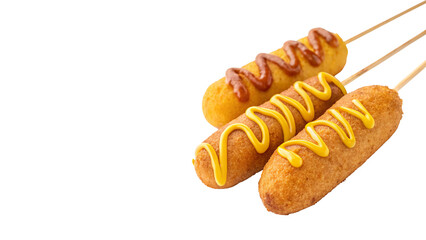 Three Delicious Corn Dogs with Mustard and Ketchup On a transparent background