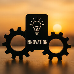 Innovation Concept with Gear Wheels and Light Bulb Icon at Sunset Background