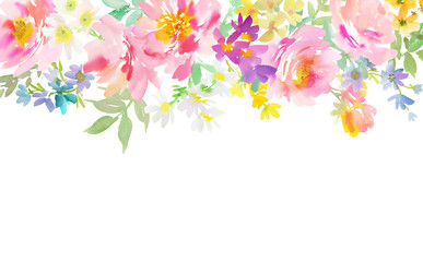 PNG frame of abstract pink peonies and wild flowers painted in watercolor for banner and web. Hand painted floral background with transparent background.
