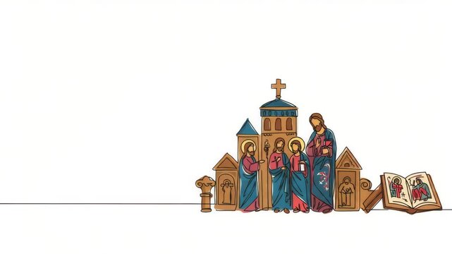 Illustration of religious scene with church and religious figure.