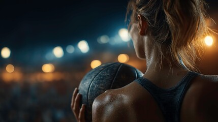 Female Athlete Holding Rugby Ball in Night Football Stadium with Bright Lights