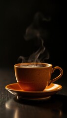 Close-up of a steaming brown tea cup on a speckled saucer. Warm lighting and soft steam stand out against a dark blurred background, creating a cozy and elegant atmosphere.

