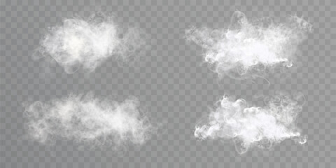 Vector illustration of realistic white smoke or foggy cloud with soft edges on transparent background.