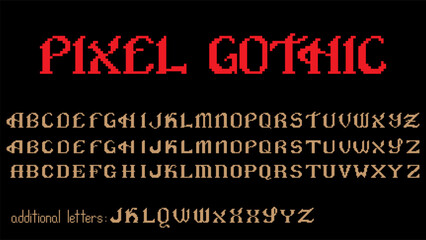 Three pixel art gothic font styles in one set. Decorative uppercase alphabets with medieval and retro design. Vector illustration.