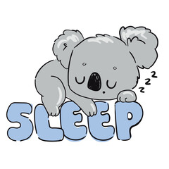 Cute cartoon koala sleeping on word SLEEP Hand Drawn nursery vector
