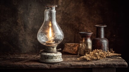 Rustic Illumination: A vintage oil lamp casts a warm, inviting glow, illuminating the textured wooden surface it rests upon, alongside antique jars and wheat, evoking a sense of nostalgia.