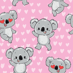 Hand Drawn Cute Vector Seamless pattern with cute koalas and heart eyes valentine design for kids 