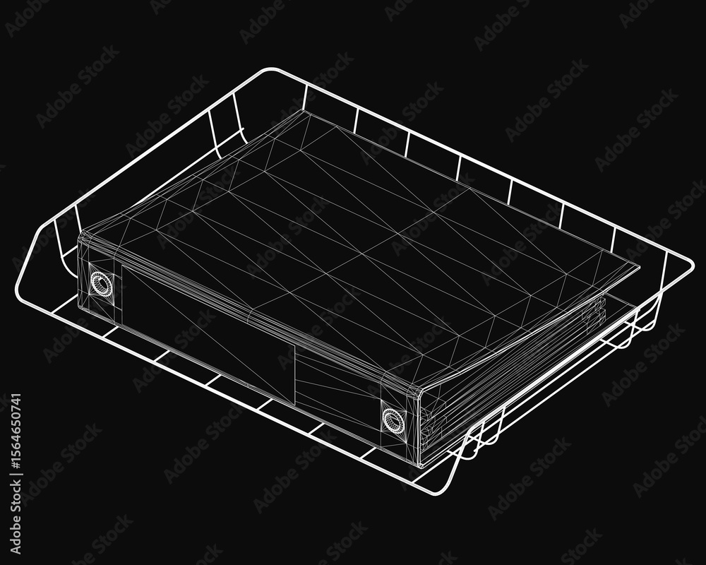 Poster a 3d wireframe model of a rectangular box with intricate edges and glossy finish, displayed on a sle