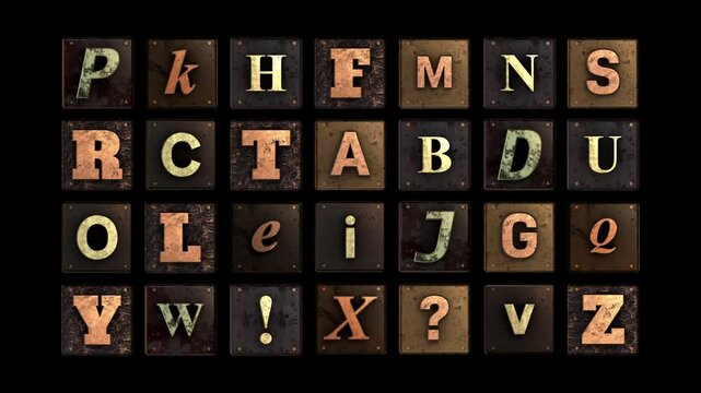 A background made up from random metal blocks with 3D type with each character spinning and settling in to place.