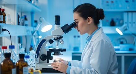 Focused researcher analyzes a sample with a microscope in a blue-toned modern laboratory setting.