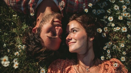 Inseparable Hearts: A young couple finds solace and connection in the vibrant heart of nature, lying face to face amidst a tapestry of blooming flowers, an intimate depiction of shared moments.
