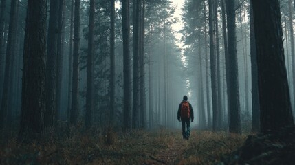 Journey into the Emerald Embrace: A solitary figure ventures into the heart of an ancient forest, embraced by the misty veil. Witness the serene solitude.