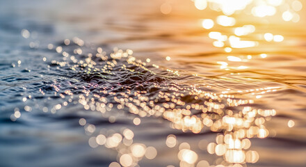 Glistening water surface during sunset with soft bokeh, creating a mesmerizing effect of light playing on the gentle ripples.