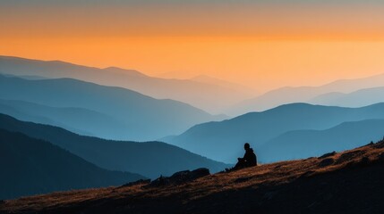 Contemplation in the Peaks: A silhouette person, bathed in the orange glow of sunrise, sits alone atop a mountain ridge, lost in thought.