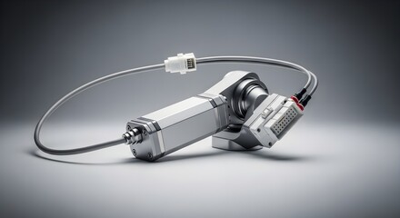 Sleek Industrial Component: Robotic Arm with Cables, Clean Design, Studio Lighting.