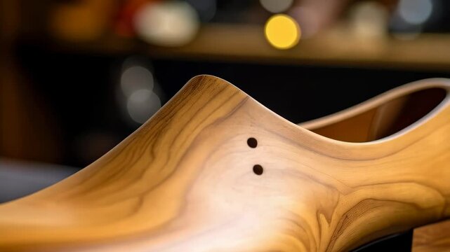 Artistic wooden shoe, crafted from light wood, featuring heel and grain pattern, with blurred dark background.