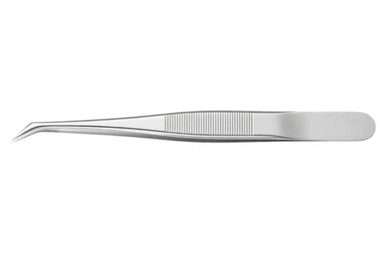 Metal tweezers with a curved tip for precision work isolated on a transparent background