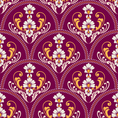 Seamless purple damask pattern with intricate floral details, perfect for elegant and luxurious designs.