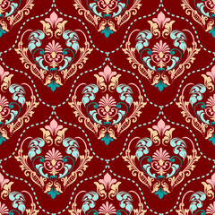 Seamless red damask pattern with detailed floral elements, ideal for classic and timeless design projects.