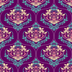 Seamless vintage damask pattern in purple and blue tones, suitable for sophisticated and artistic designs.