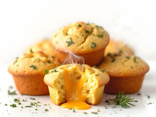 Fototapeta premium Savory Corn Muffins with Cheddar: Golden-baked savory corn muffins with melted cheddar cheese and herbs, served warm on a clean white background.