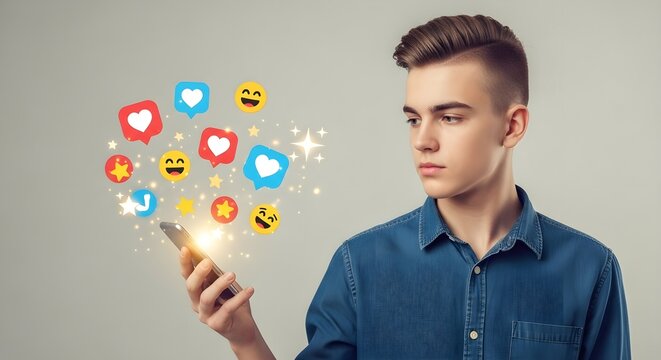 Teenager Engrossed in Social Media, Smartphone Radiating Emojis and Likes, Studio Shot