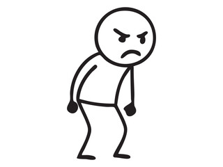 Fototapeta premium Black stick figure man with expressive emotions, angry cartoon doodle character isolated on white background. concept of humor, simple art, emotion, avatar, design element