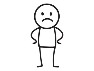 Black stick figure man with sad face and arms akimbo, cartoon character graphic illustration, isolated on white background. Concept of disappointment, human emotion, mental state, design element