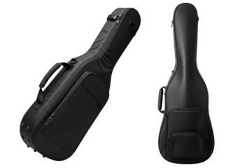 Two black soft cello cases with handles and storage pockets isolated on a transparent background