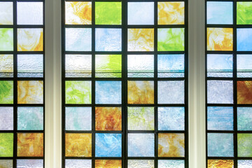A view of stained glass windows.