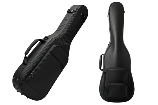 Two black soft cello cases with handles and storage pockets isolated on a transparent background - Powered by Adobe