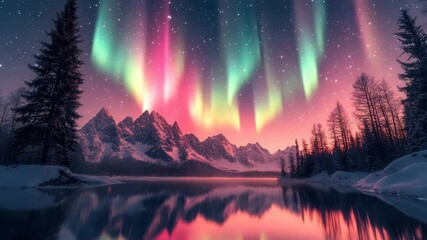 Northern light aurora glows above snowy mountain range and pine tree forest reflected in calm lake at night with starry sky creating magical winter reflection scene - Powered by Adobe