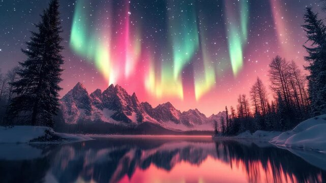 Northern light aurora glows above snowy mountain range and pine tree forest reflected in calm lake at night with starry sky creating magical winter reflection scene