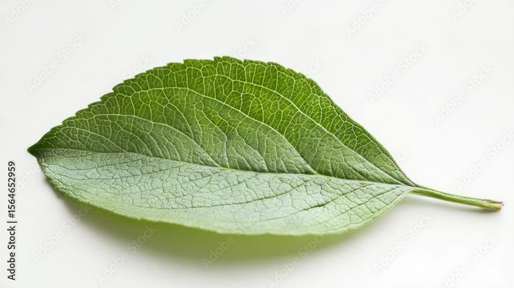 Poster a detailed view of a single leaf on a white surface, suitable for use in still life compositions or 